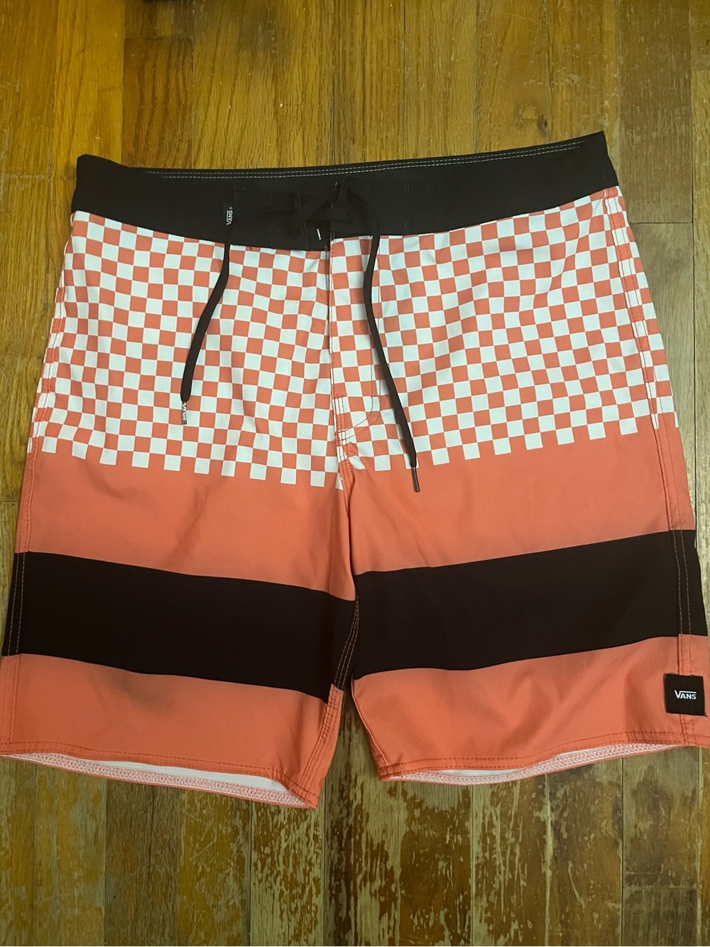 Vans Men’s Coral and Black Checkerboard Board Shorts